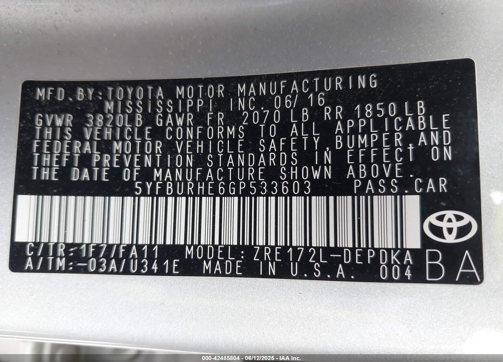 2016 TOYOTA COROLLA VIN: 5YFBURHE6GP533603