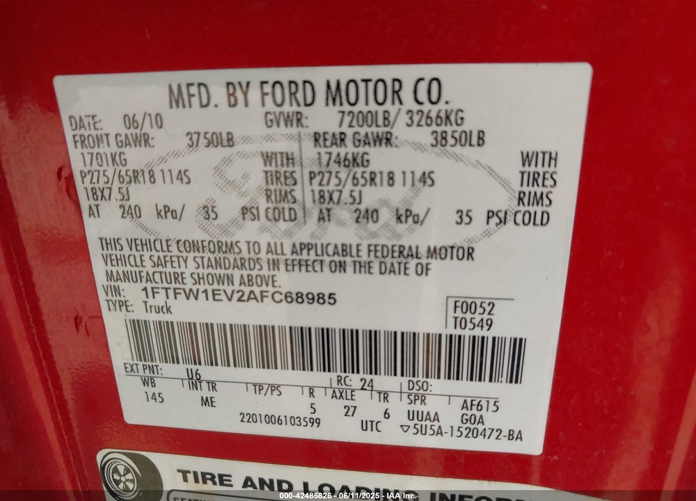2010 FORD F-150 VIN: 1FTFW1EV2AFC68985