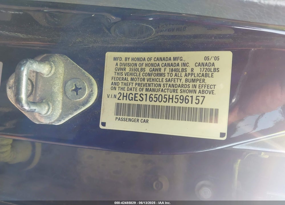 2005 HONDA CIVIC LX VIN: 2HGES16505H596157
