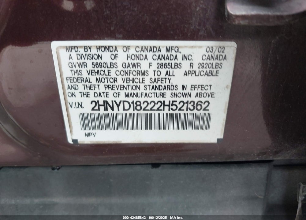 2002 ACURA MDX VIN: 2HNYD18222H521362
