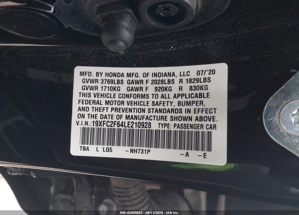 2020 HONDA CIVIC VIN: 19XFC2F64LE210928