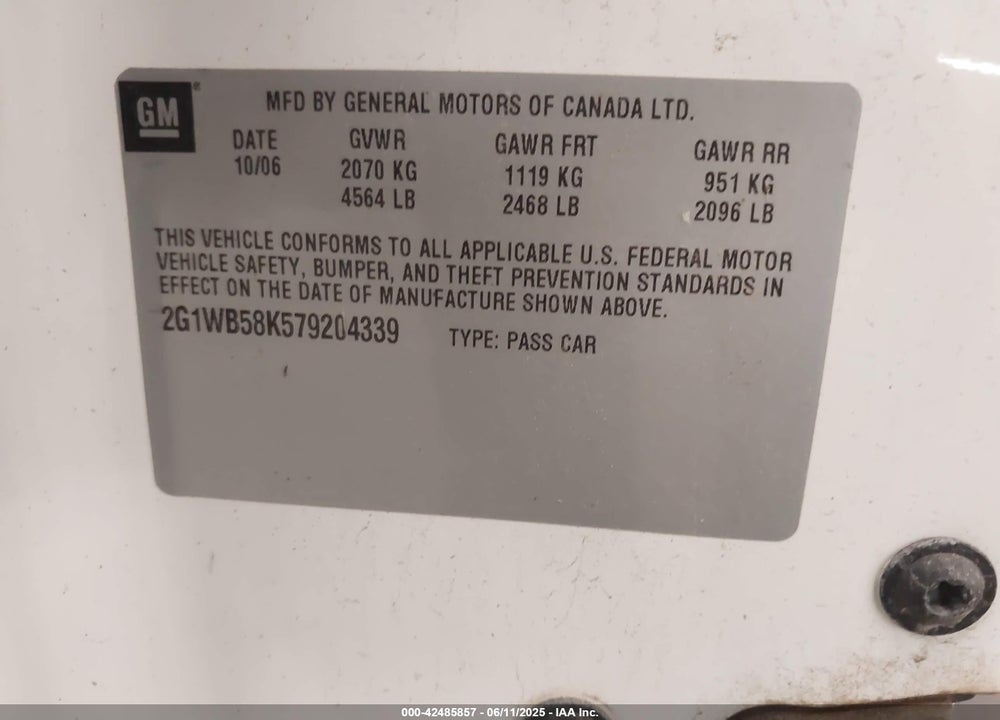 2007 CHEVROLET IMPALA LS VIN: 2G1WB58K579204339