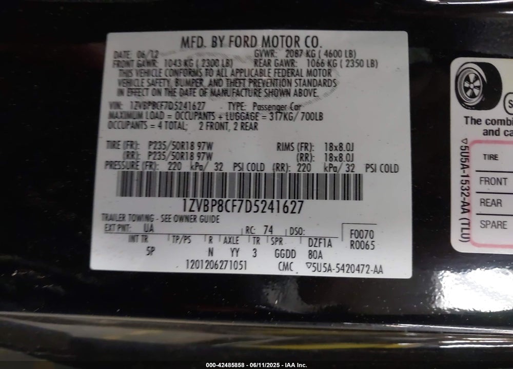 2013 FORD MUSTANG VIN: 1ZVBP8CF7D5241627