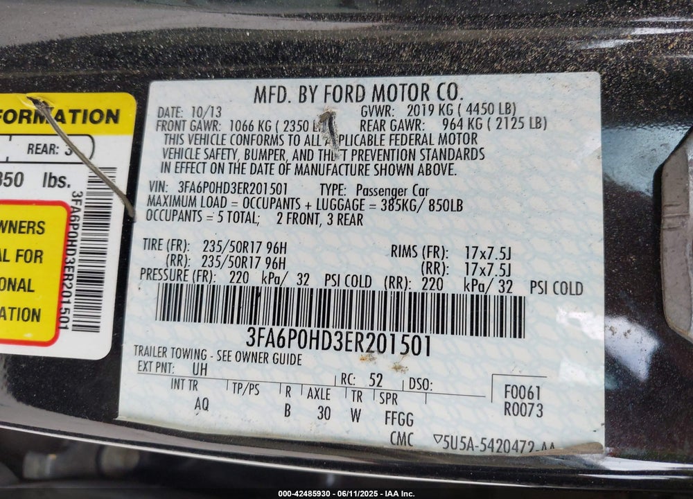 2014 FORD FUSION SE VIN: 3FA6P0HD3ER201501