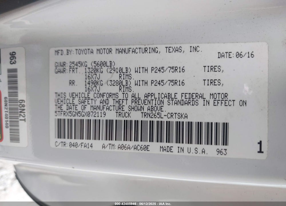 2016 TOYOTA TACOMA VIN: 5TFRX5GN5GX072119