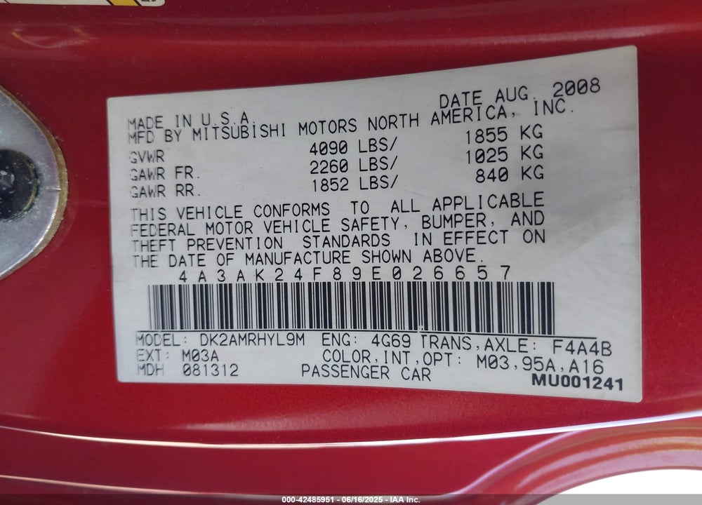 2009 MITSUBISHI ECLIPSE GS VIN: 4A3AK24F89E026657