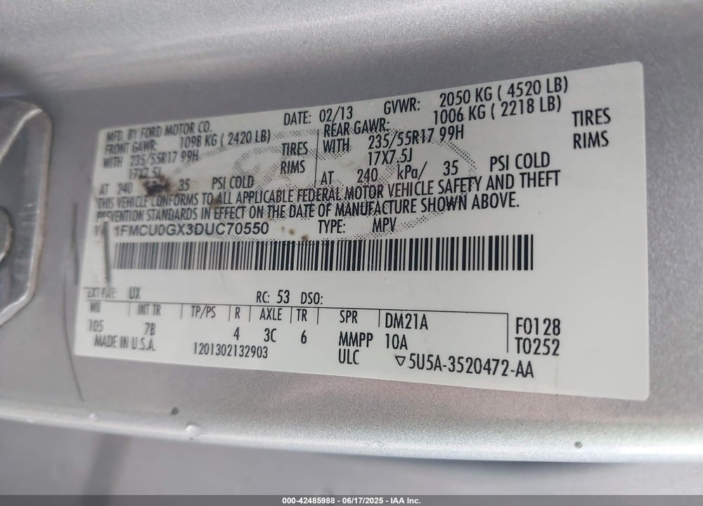 2013 FORD ESCAPE VIN: 1FMCU0GX3DUC70550