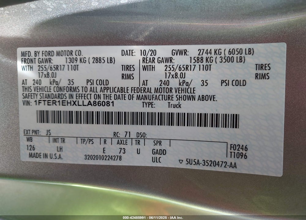 2020 FORD RANGER VIN: 1FTER1EHXLLA86081
