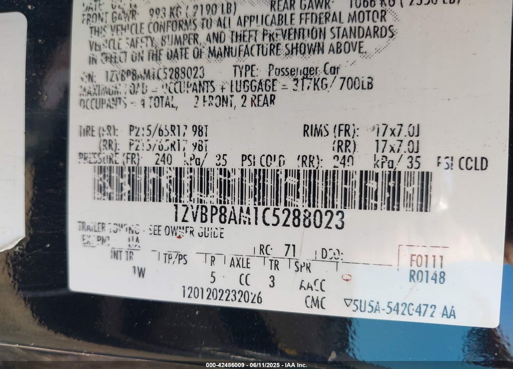 2012 FORD MUSTANG V6 VIN: 1ZVBP8AM1C5288023