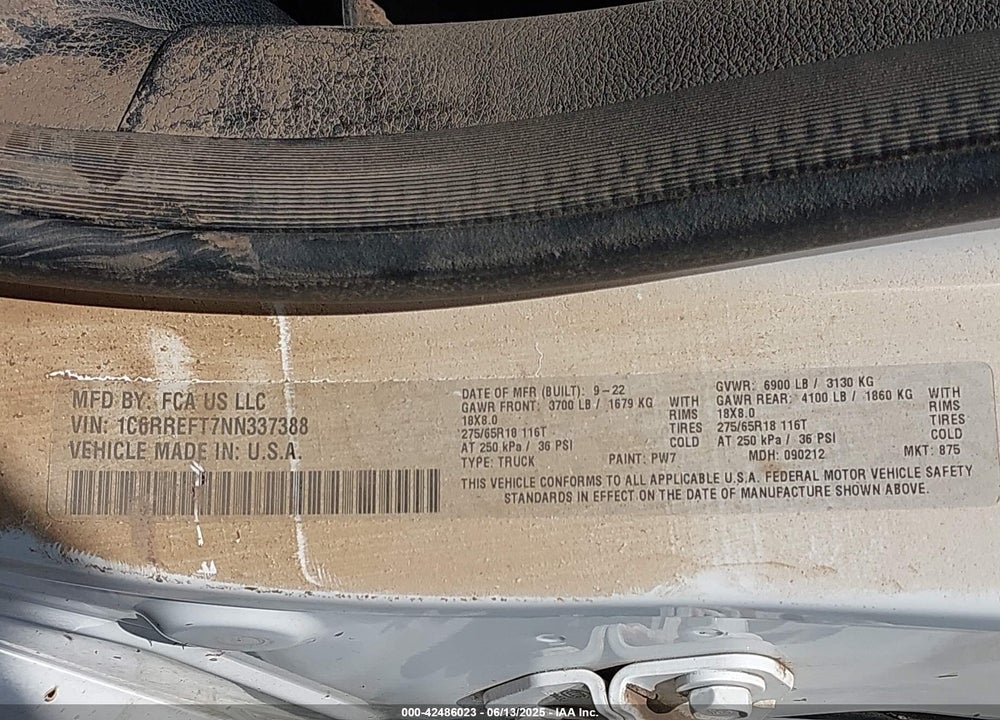 2022 RAM 1500 VIN: 1C6RREFT7NN337388