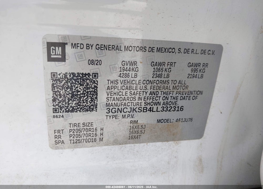 2020 CHEVROLET TRAX VIN: 3GNCJKSB4LL332316