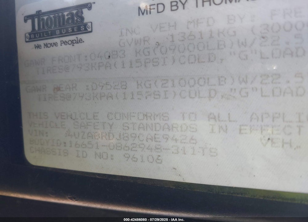 2009 FREIGHTLINER CHASSIS B2B VIN: 4UZABRDJ89CAE9426
