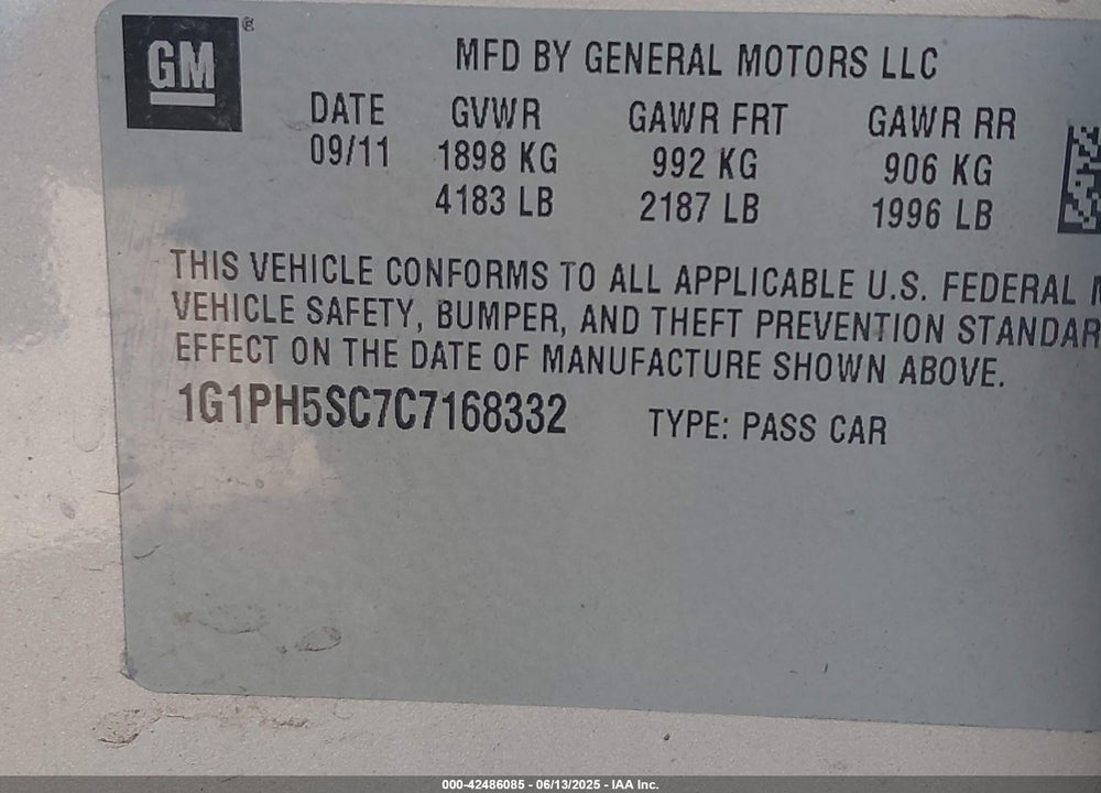 2012 CHEVROLET CRUZE VIN: 1G1PH5SC7C7168332