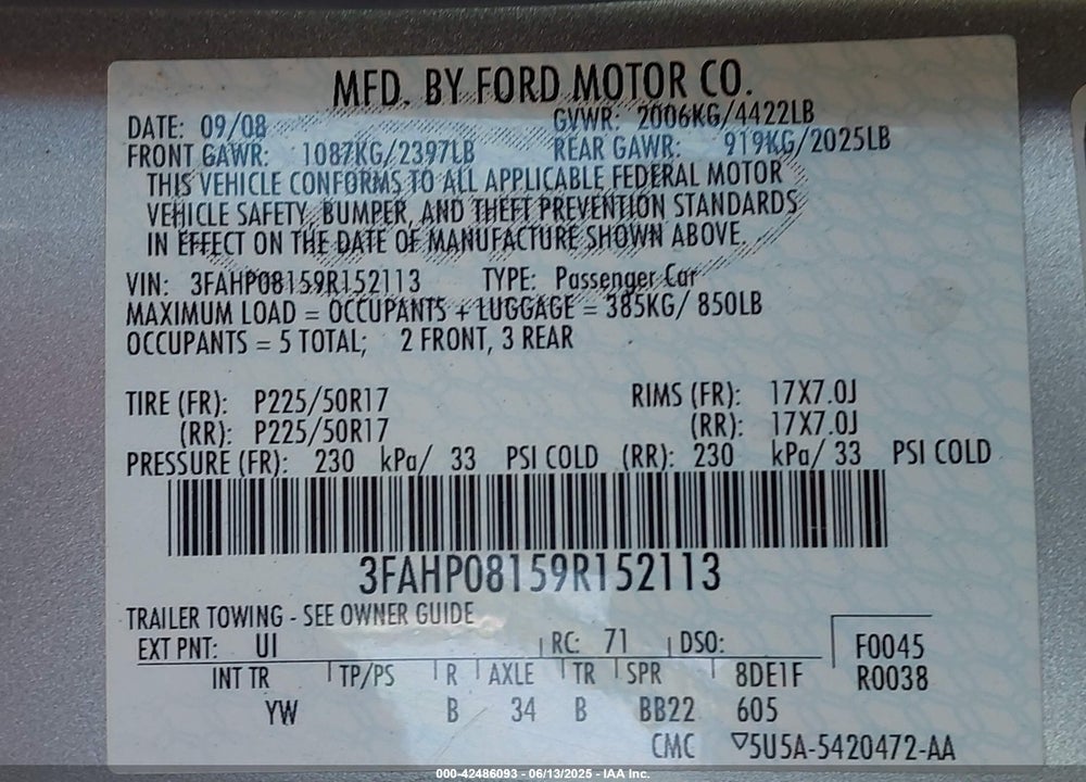 2009 FORD FUSION VIN: 3FAHP08159R152113