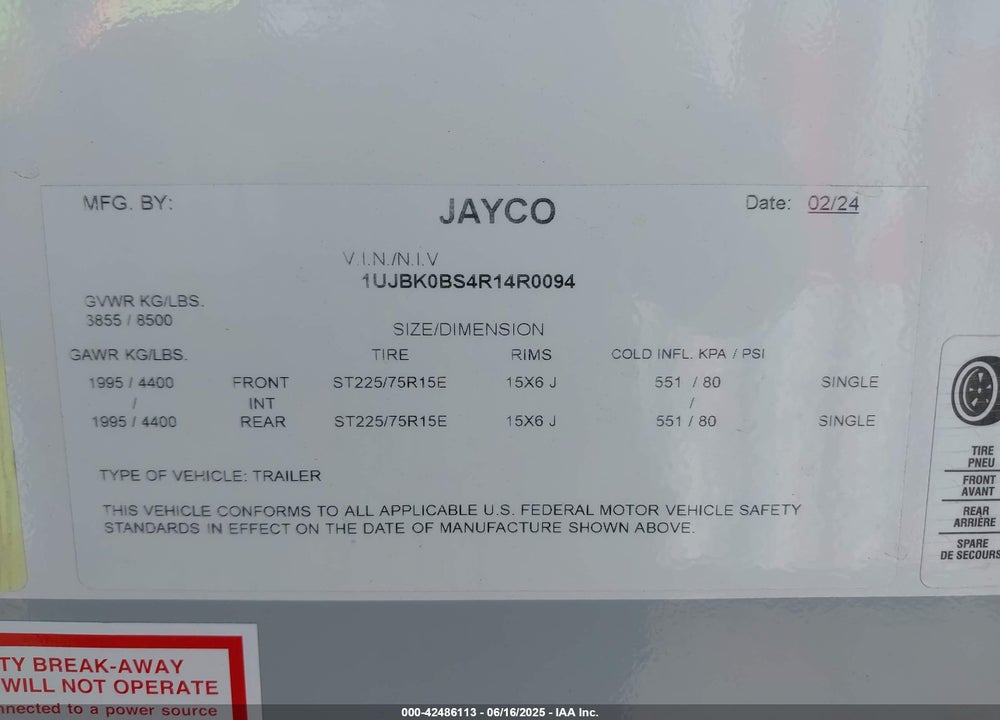 2024 OTHER JAYCO VIN: 1UJBK0BS4R14R0094