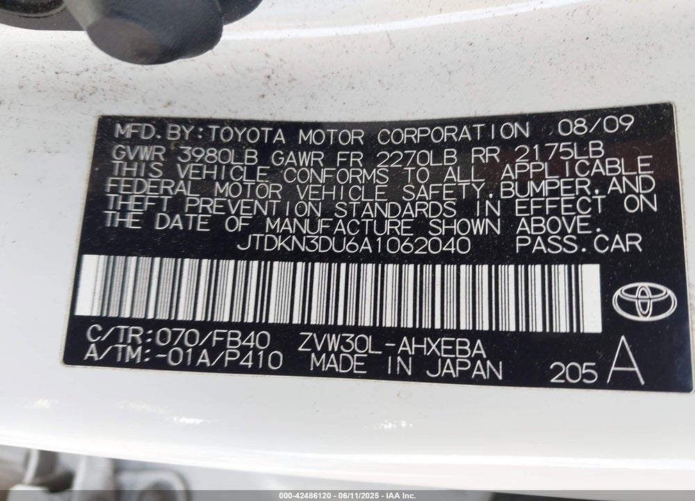 2010 TOYOTA PRIUS II VIN: JTDKN3DU6A1062040