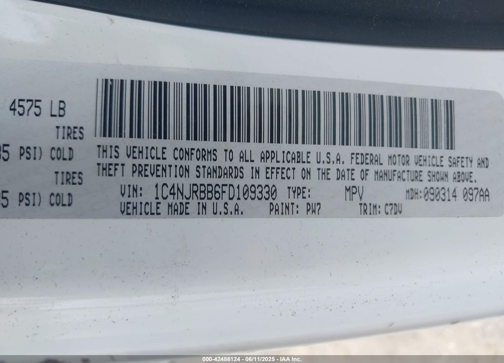 2015 JEEP PATRIOT VIN: 1C4NJRBB6FD109330