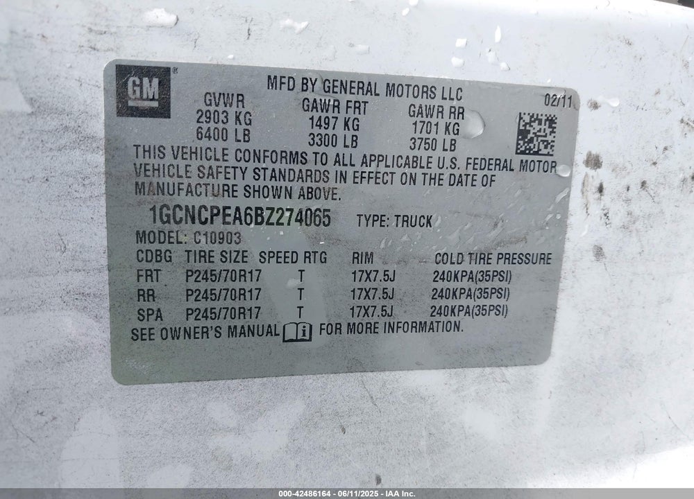 2011 CHEVROLET SILVERADO 1500 VIN: 1GCNCPEA6BZ274065