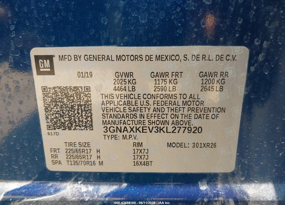 2019 CHEVROLET EQUINOX VIN: 3GNAXKEV3KL277920