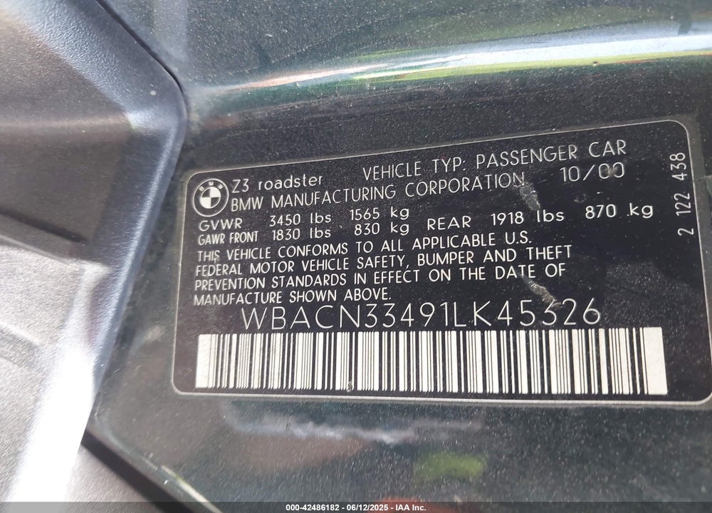2001 BMW Z3 2.5I VIN: WBACN33491LK45326