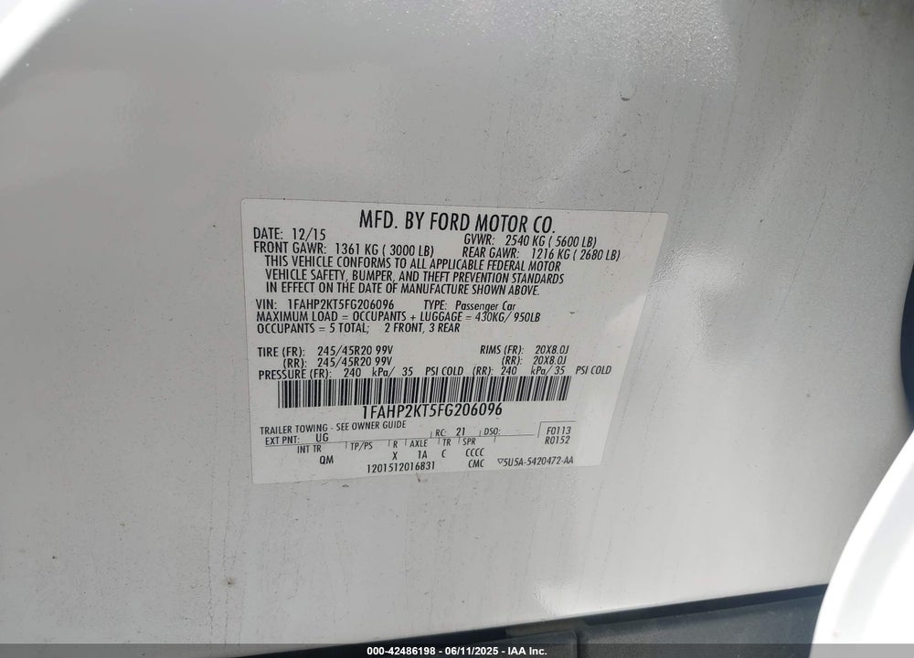 2015 FORD TAURUS VIN: 1FAHP2KT5FG206096