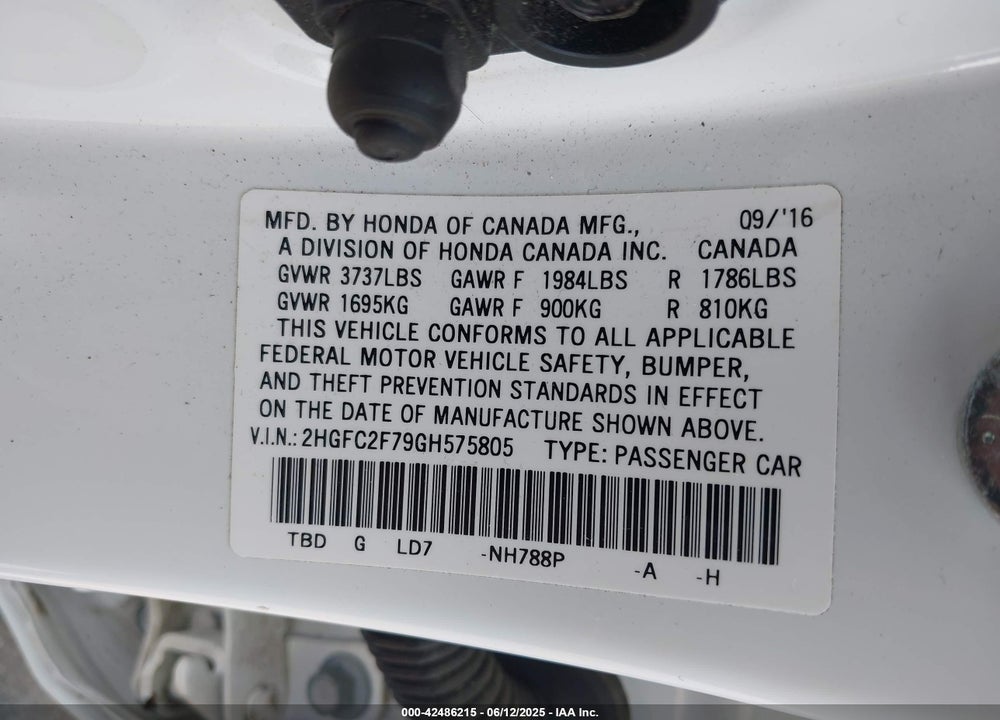 2016 HONDA CIVIC VIN: 2HGFC2F79GH575805