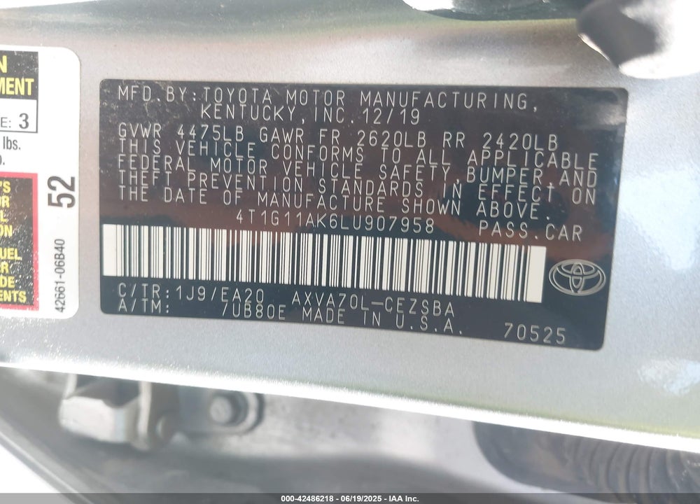 2020 TOYOTA CAMRY VIN: 4T1G11AK6LU907958