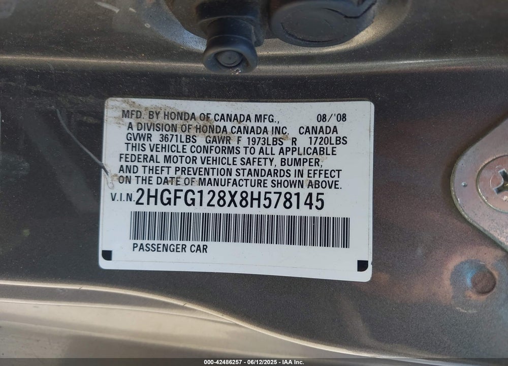 2008 HONDA CIVIC VIN: 2HGFG128X8H578145