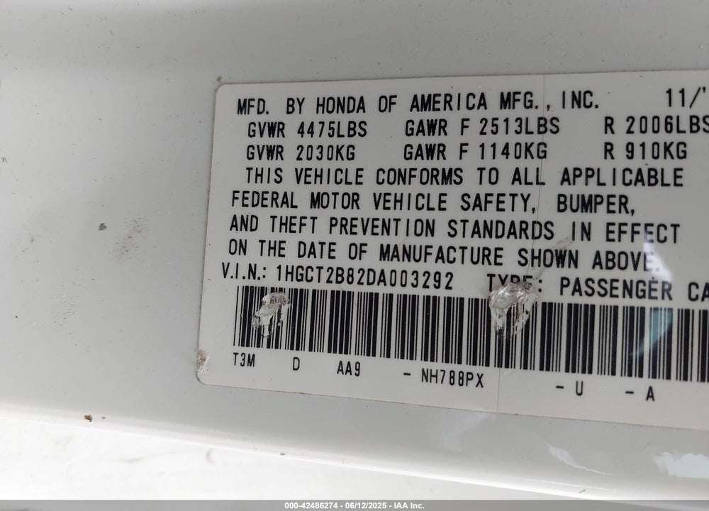 2013 HONDA ACCORD EX-L V-6 VIN: 1HGCT2B82DA003292