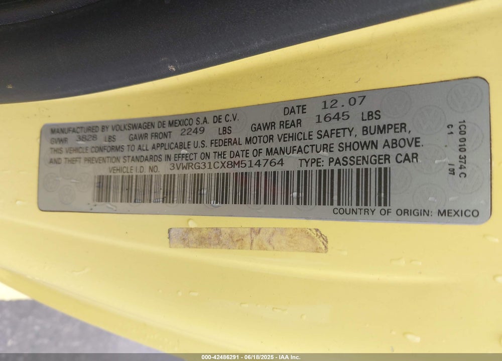 2008 VOLKSWAGEN NEW BEETLE VIN: 3VWRG31CX8M514764