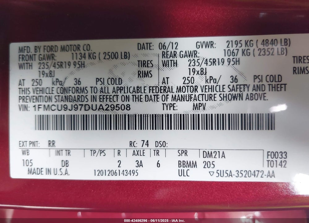 2013 FORD ESCAPE TITANIUM VIN: 1FMCU9J97DUA29508