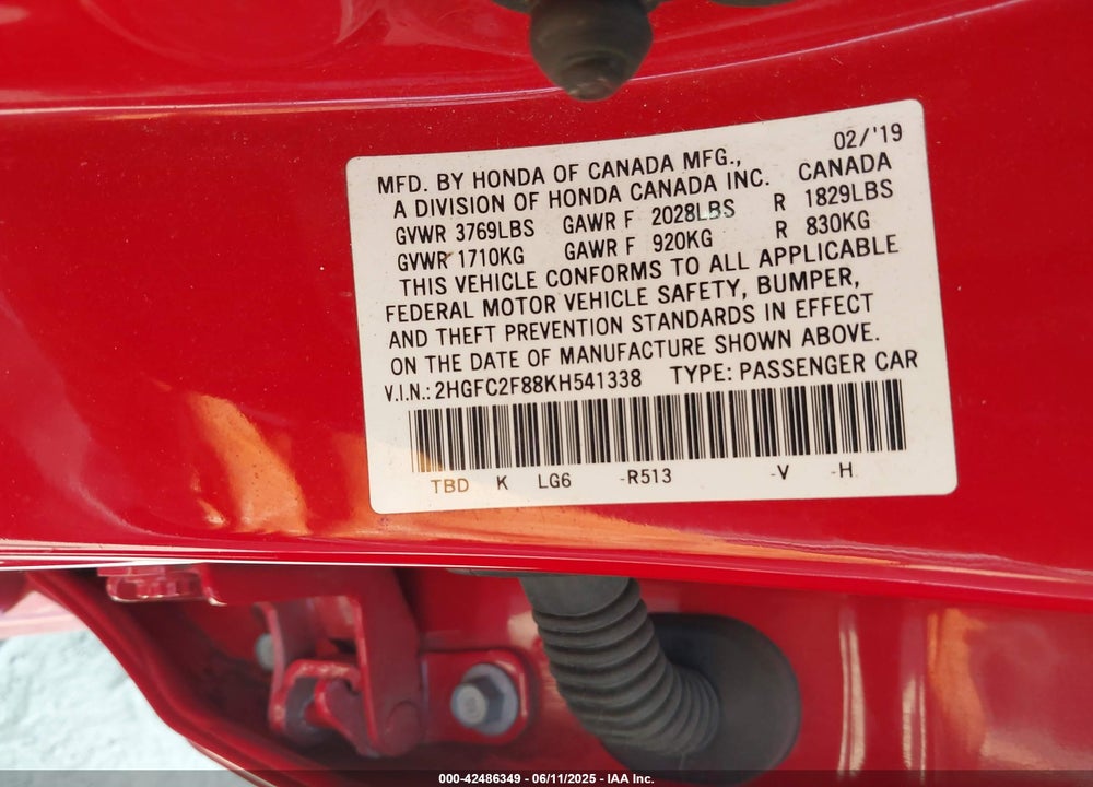 2019 HONDA CIVIC VIN: 2HGFC2F88KH541338