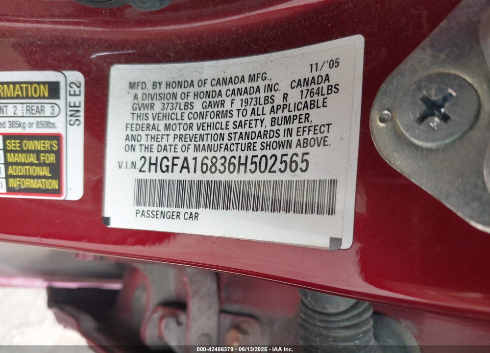 2006 HONDA CIVIC EX VIN: 2HGFA16836H502565