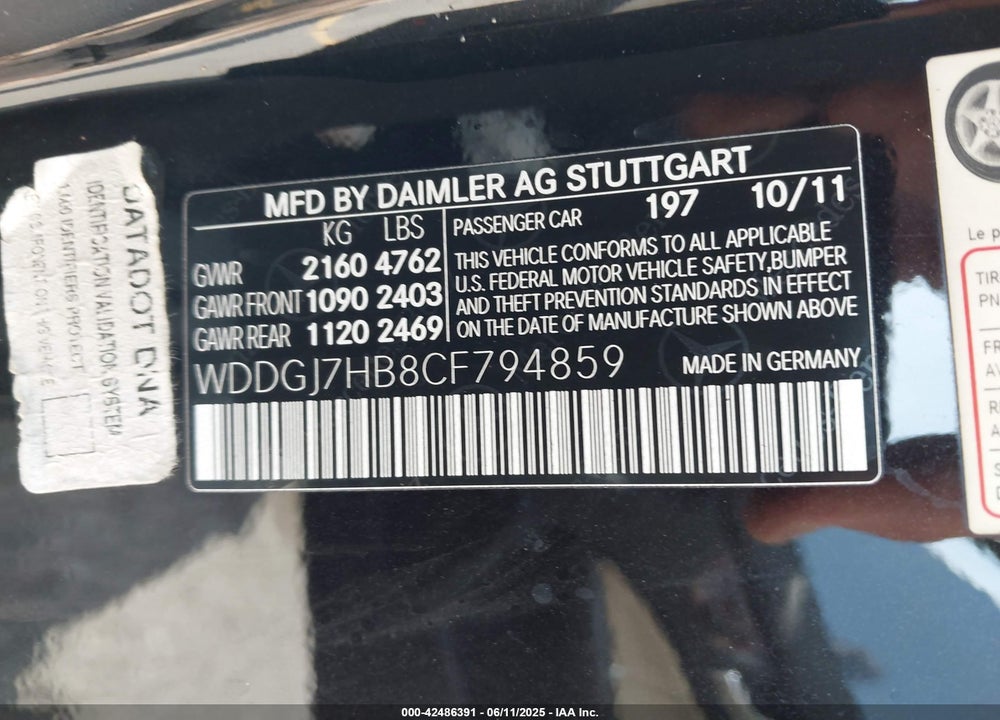 2012 MERCEDES-BENZ C CLASS VIN: WDDGJ7HB8CF794859