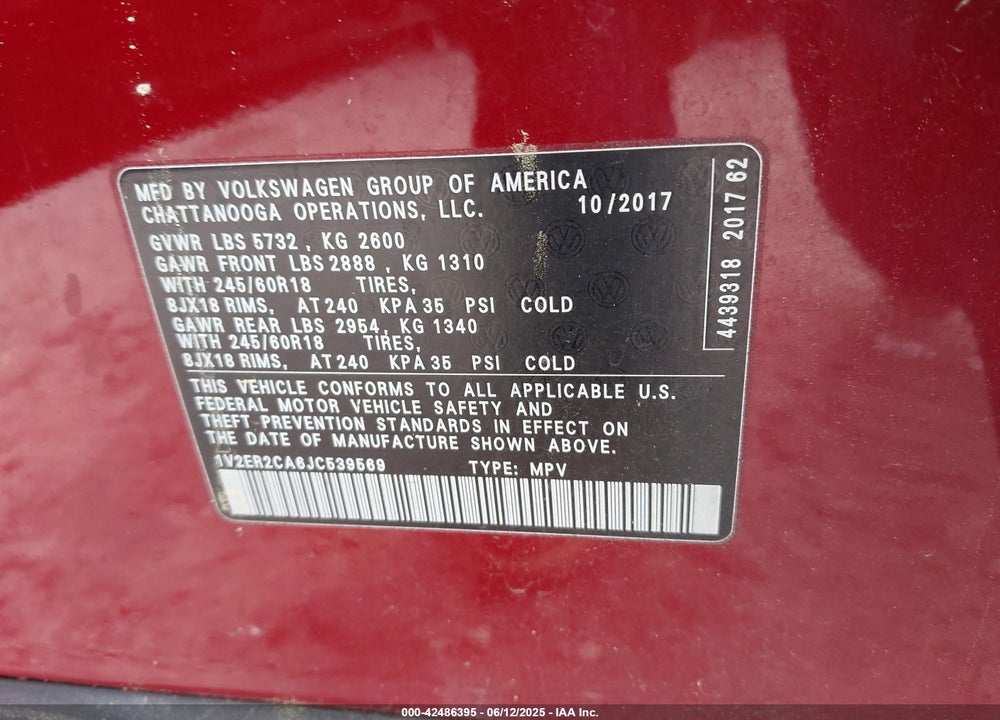 2018 VOLKSWAGEN ATLAS 3.6L V6 SEL VIN: 1V2ER2CA6JC539569