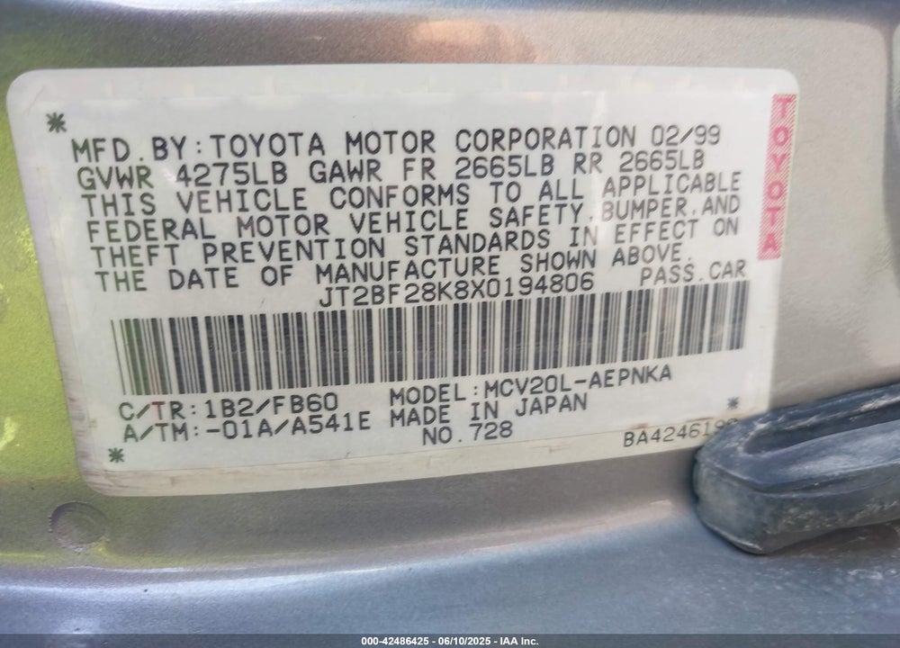 1999 TOYOTA CAMRY LE V6 VIN: JT2BF28K8X0194806