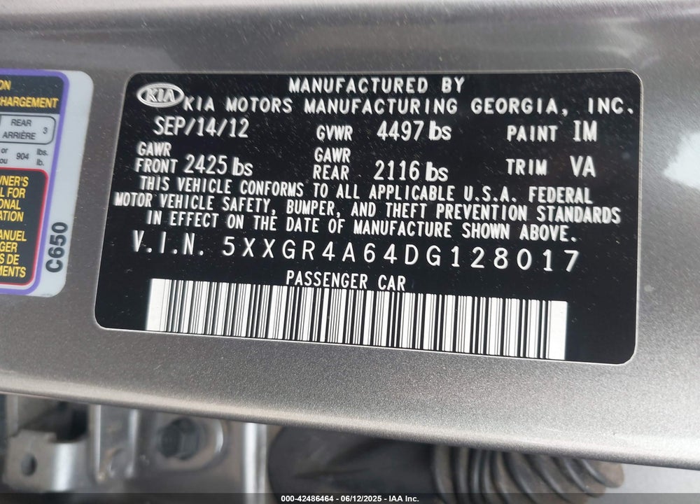 2013 KIA OPTIMA VIN: 5XXGR4A64DG128017