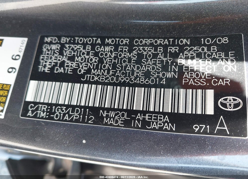 2009 TOYOTA PRIUS VIN: JTDKB20U993486014