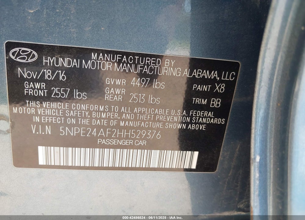 2017 HYUNDAI SONATA VIN: 5NPE24AF2HH529376