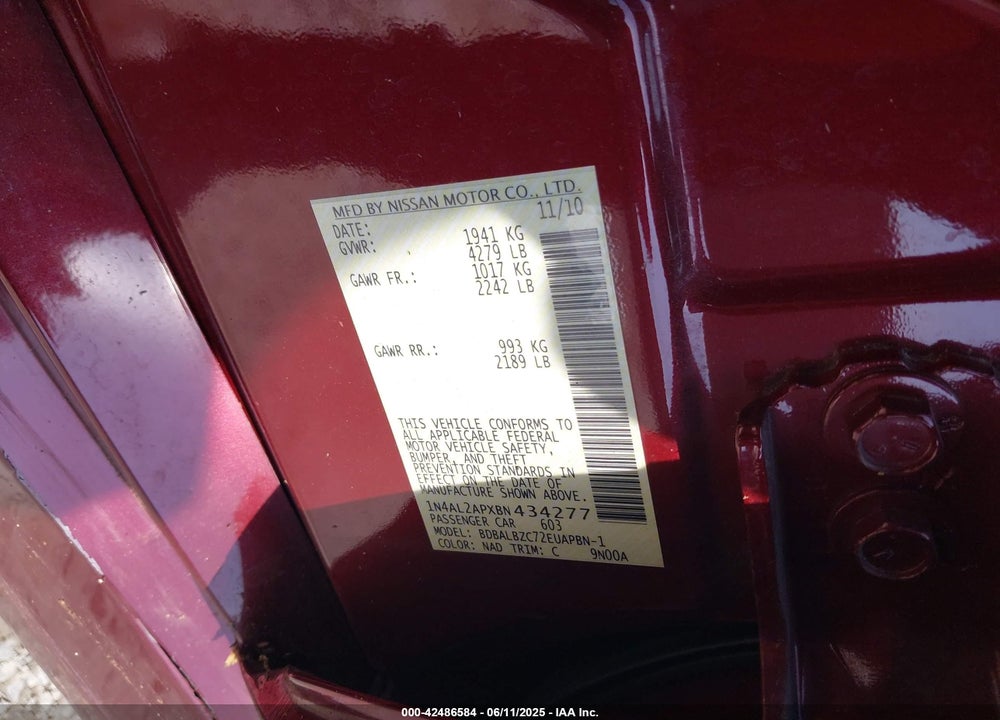2011 NISSAN ALTIMA VIN: 1N4AL2APXBN434277