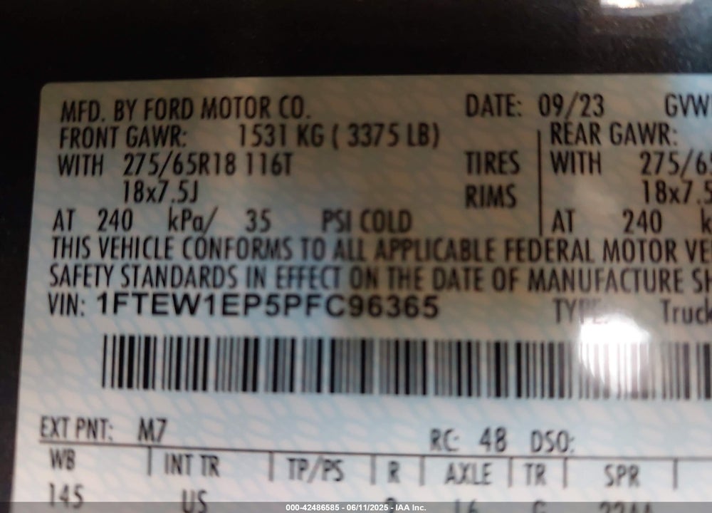 2023 FORD F-150 VIN: 1FTEW1EP5PFC96365