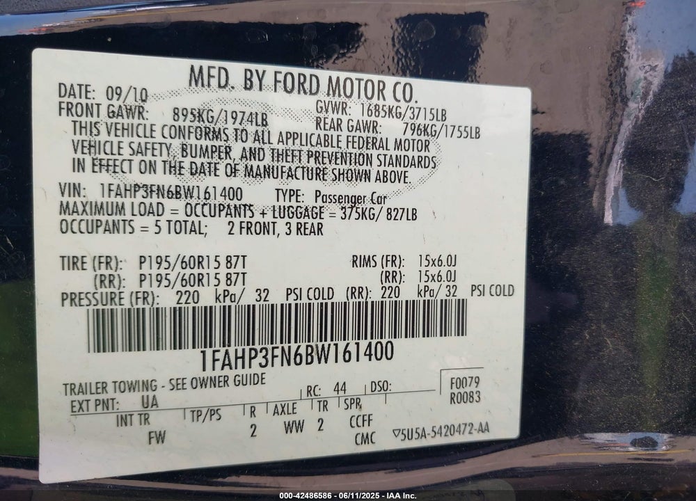 2011 FORD FOCUS SE VIN: 1FAHP3FN6BW161400