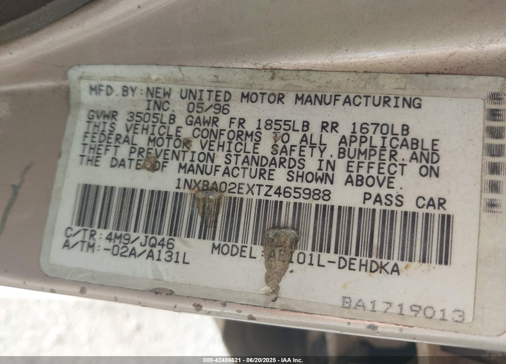 1996 TOYOTA COROLLA VIN: 1NXBA02EXTZ465988