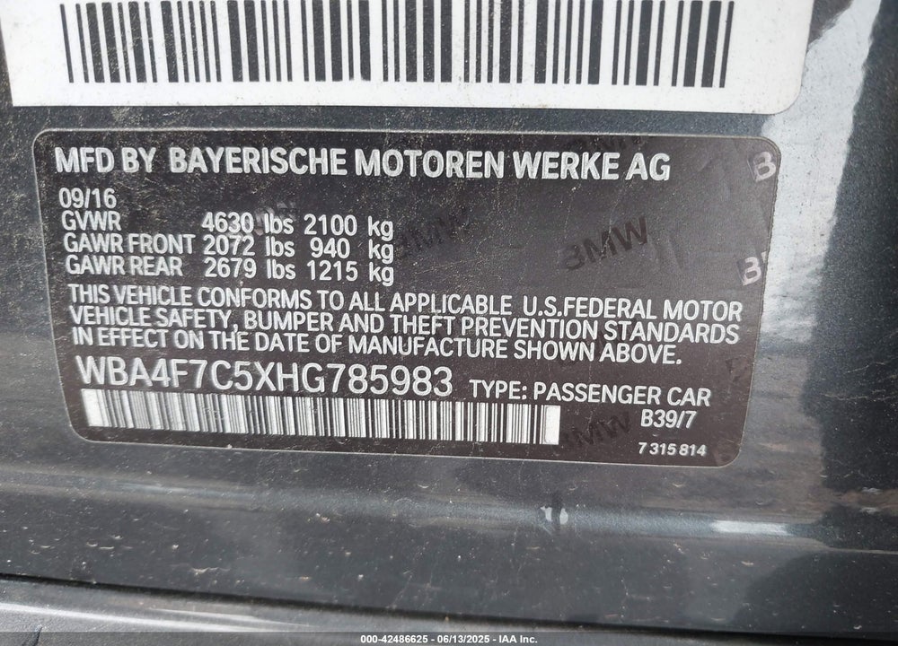 2017 BMW 4 SERIES VIN: WBA4F7C5XHG785983