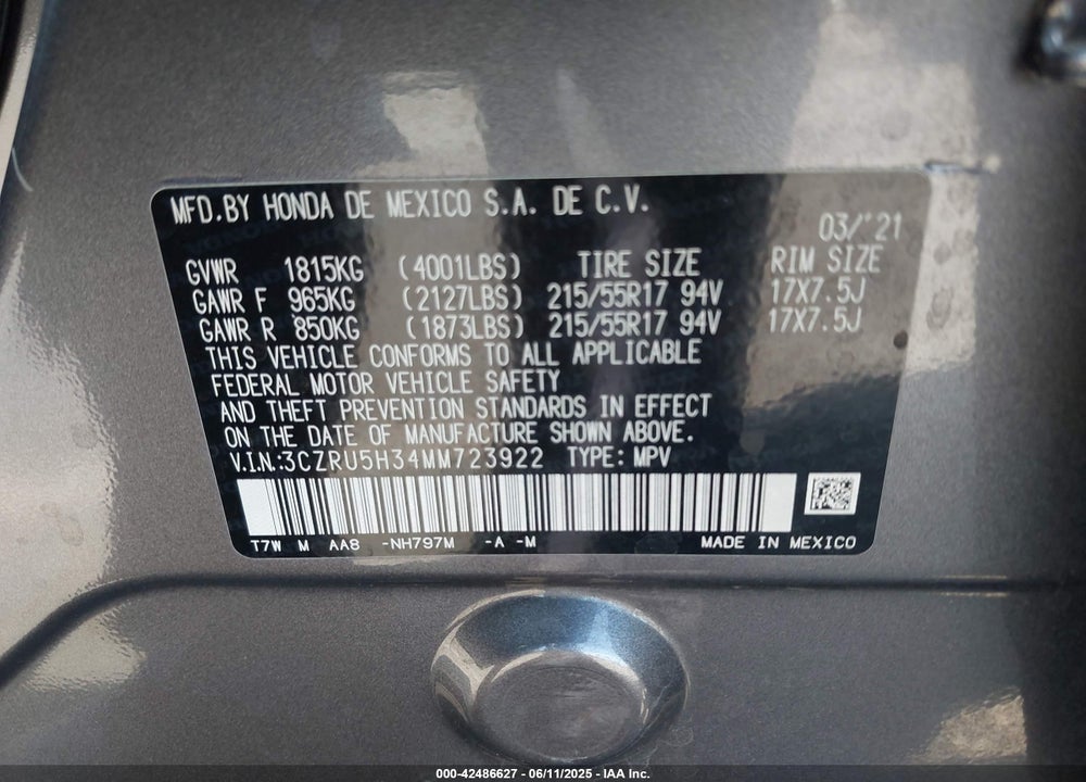 2021 HONDA HR-V VIN: 3CZRU5H34MM723922