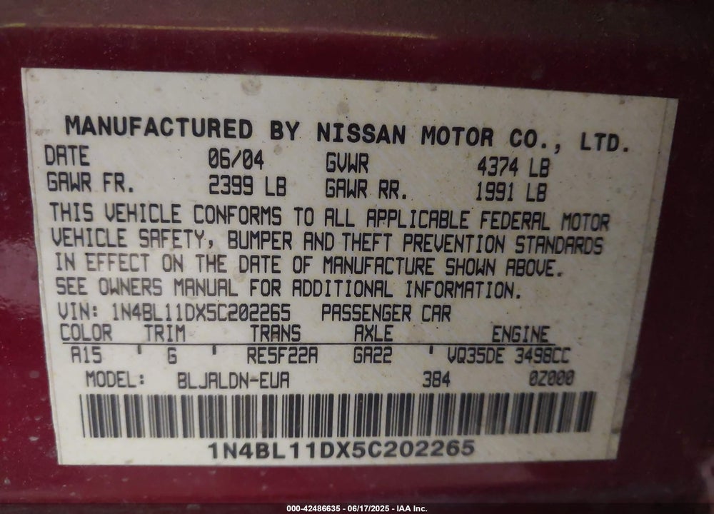 2005 NISSAN ALTIMA 3.5 SL VIN: 1N4BL11DX5C202265