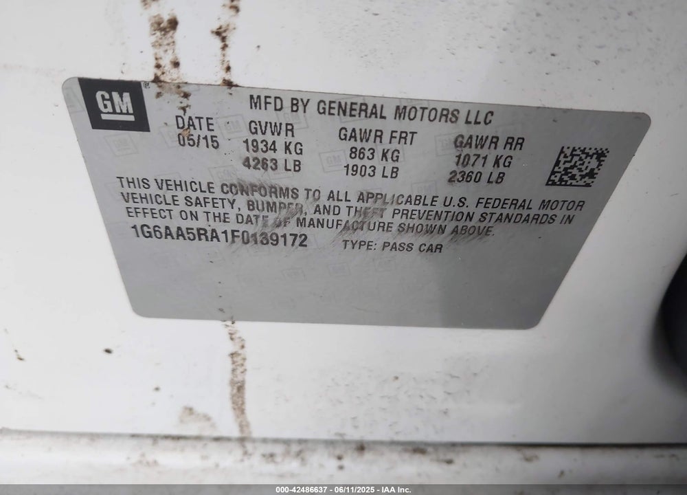 2015 CADILLAC ATS STANDARD VIN: 1G6AA5RA1F0139172
