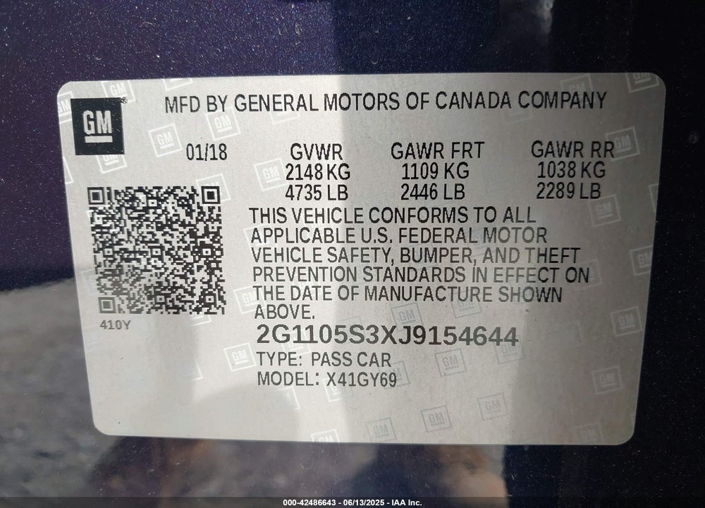 2018 CHEVROLET IMPALA VIN: 2G1105S3XJ9154644