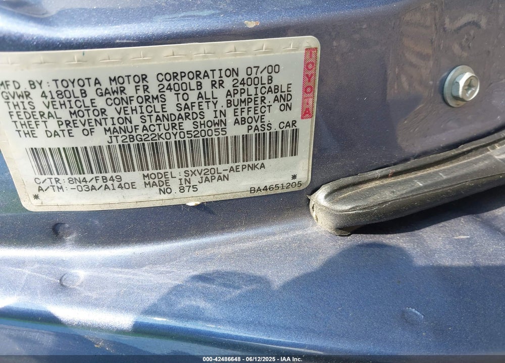 2000 TOYOTA CAMRY LE VIN: JT2BG22K0Y0520055
