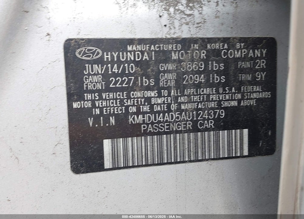 2010 HYUNDAI ELANTRA VIN: KMHDU4AD5AU124379